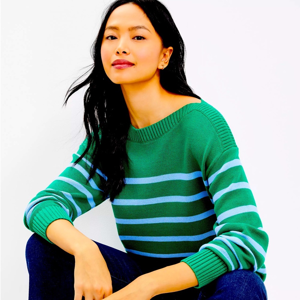 LOFT Striped Drop Shoulder Boatneck Sweater Kelly Green Light Blue XL
